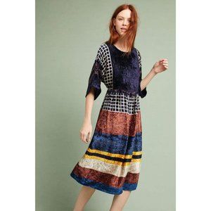 NORBLACK NORWHITE Anthropologie navy rust mustard stripe velvet midi dress